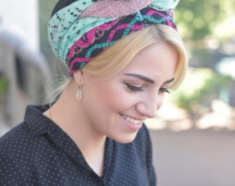 Turquoise & Pink cocktail rectangular Brocade with Velvet Scarf, unique print, Jewish hair coverings, by oshratDesignz