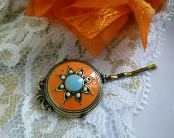 Boho Hair Clip on your hair or scarf, Amazing Hair Pin. Special Round Brooch, Orange Hair Clip, Ethnic Hairclip, Barrette