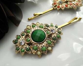 Sparkling Green Decorated Hair Pin,bridal , Veil, Jewelry, Accessories, Hair pin,For your hair, Pin with Shiny Stones, Bobby Pins