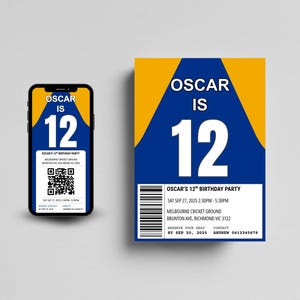 May include: A birthday party invitation with the text "OSCAR IS 12" in white on a blue background, with a yellow accent. The invitation includes event details and a QR code. A smartphone displays the same invitation.