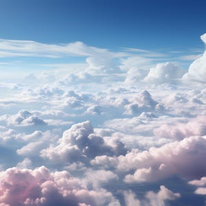 Könnte beinhalten: Luftaufnahme eines strahlend blauen Himmels, gefüllt mit flauschigen weißen Wolken. Einige Wolken weisen einen rosafarbenen Farbton auf, wodurch eine weiche, verträumte Atmosphäre entsteht. Das Bild vermittelt ein Gefühl von Weite und Ruhe.