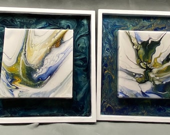 PAIR Gorgeous Abstract Acrylic Handpainted Art wResin Top Coat 12 x 12