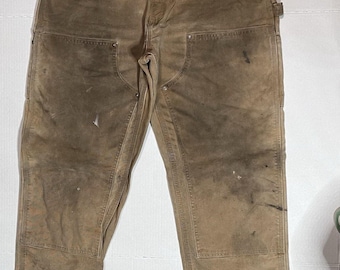 Pantalones Carhartt de carpintero de doble rodilla vintage, 36 x 30, B01-BRN, desgastados y grunge
