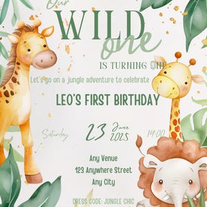 Faire-part 1er anniversaire Wild One Safari - Modèle de fête dans la jungle modifiable avec des bébés animaux - Lien canva pour téléchargement immédiat