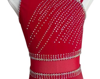 Red one piece Leo with sheer cutouts: Adult Small Rhinestoned