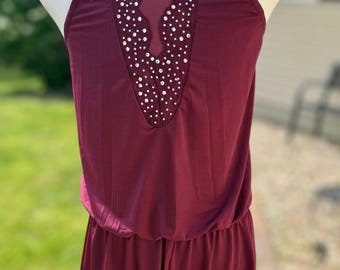 Lace Trimmed Burgundy Dance Romper: Adult Small Rhinestoned