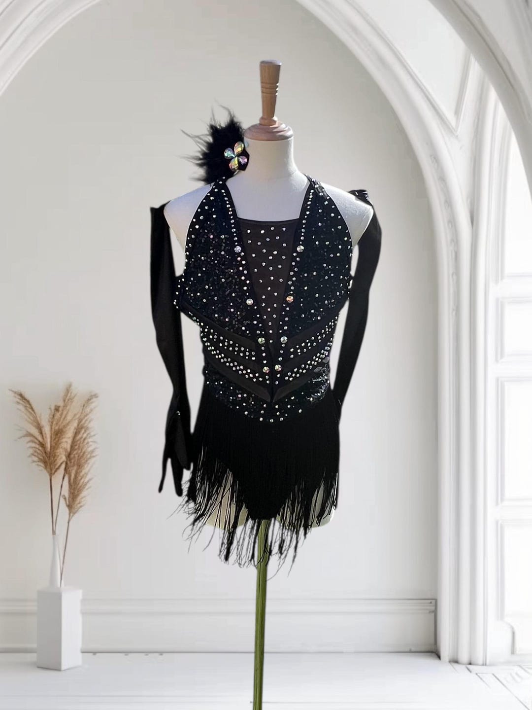 dance-costume-semi-custom-black-jazz-one-piece-with-fringe-and-feathers