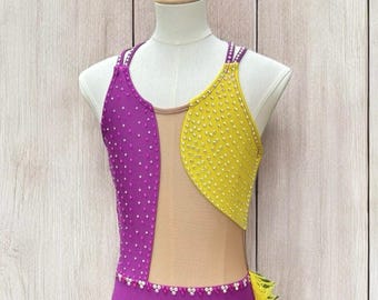 Purple & Yellow Rhinestoned Jazz Dance Costume with Ostrich Feathers - Child Large