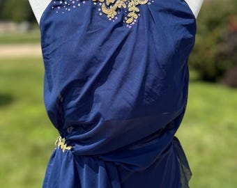 Navy Dance Costume: Gold Appliqués, AB Rhinestones - Adult X Large