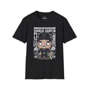 Charlie Chaplin cartoon uniseks T-shirt, grappig vintage T-shirt, komiek filmfanshirt, top retro filmacteur, klassieke stille filmliefhebber cadeau