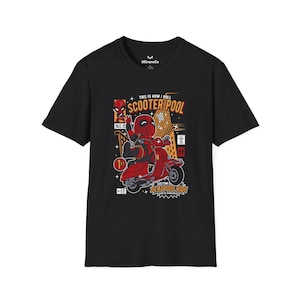 Cartoon T-shirt Deadpool Scooter, Marvel fan T-shirt, cadeau stripliefhebber, T-shirt grafische print, shirt grappig personage