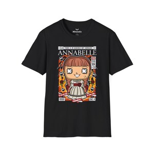 Annabelle cartoon uniseks T-shirt, softstyle T-shirt, horrorfilmmerchandise, Halloweencadeau, leuke grafische top, shirt vintage stijl