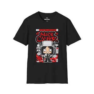 Alice Cooper cartoon uniseks T-shirt, rockband graphic tee shirt, cadeau idee muziekliefhebber, vintage stijl concert merchandise, retro popcultuur top