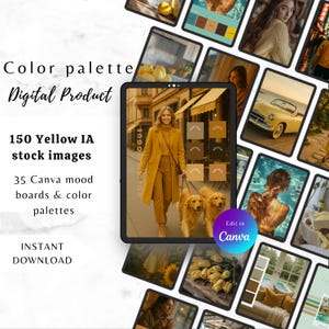 May include: A digital product advertisement featuring a color palette theme. The image showcases a tablet displaying a woman in yellow clothing with two golden retrievers. Text includes "150 Yellow IA stock images" and "Edit in Canva."