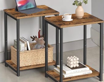 2er Set Industrietische, rustikale 2-Reihen-Beistelltische mit Metallrahmen für Wohnzimmer, Schlafzimmer