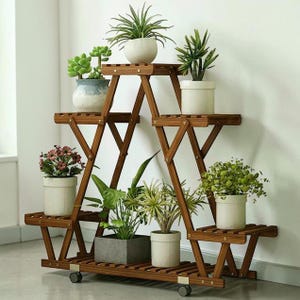 Wooden Plant Stand with Wheels Foldable Multi Tier Flower Pot Display Shelf Indoor Outdoor Garden Rack for 6 Pots