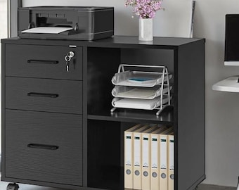 3 Drawer Rolling Office Cabinet, Mobile Printer Stand Storage Unit with Wheels and Shelves Black