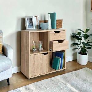2 Cube Storage Cabinet with Drawers, Modern Wooden Bookcase Shelf Unit for Home Decor and Organization