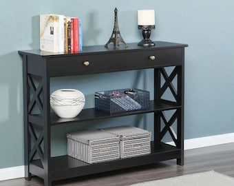 Narrow Black Console Table with Drawer and 2 Shelves
