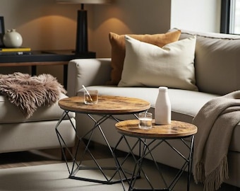 Set of 2 Round Nesting End Tables – Industrial Metal Frame