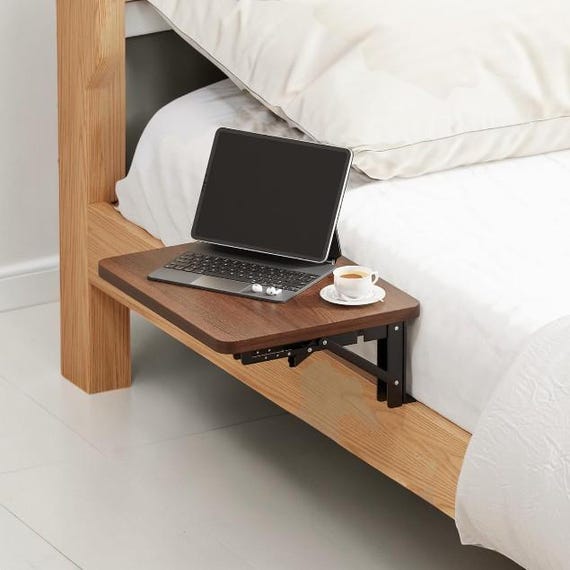 Walnut Bedside Shelf for Dorm Bed, Folding Drop-leaf Nightstand