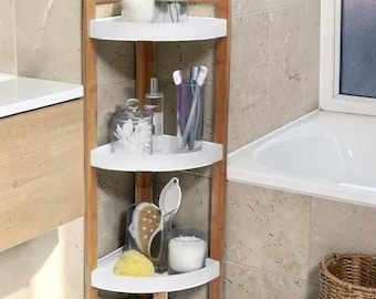 Estante esquinero de bambú para baño, organizador de almacenamiento de madera de 3 niveles, estante esquinero independiente, estante de almacenamiento para inodoro, muebles de baño pequeños