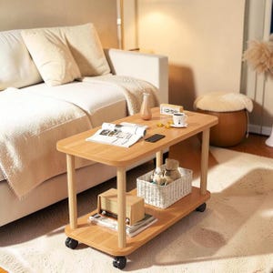 Rolling C-Shaped End Table with Wheels, 2-Tier Wooden Storage Shelf, MDF Top, Solid Wood Frame, Industrial Sofa Side Table