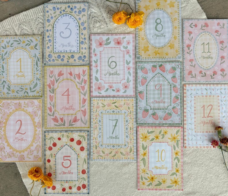 Vintage Floral Baby Milestone Cards – Monthly Baby Photo Props – Girl Baby Shower Gift – Cottagecore Nursery Decor – First Year Keepsake