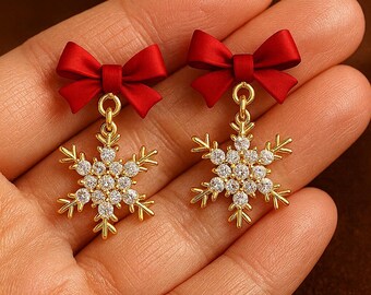 Boucles D'oreilles Flocon De Neige Strass - Doré, Pendantes, Pour Fêtes De Noël