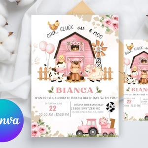 May include: A pink barnyard-themed birthday invitation with the name "Bianca". The design includes a pink barn, farm animals, a tractor, and the text "Oink, Cluck, Baa, & Moo". The invitation is for a first birthday.
