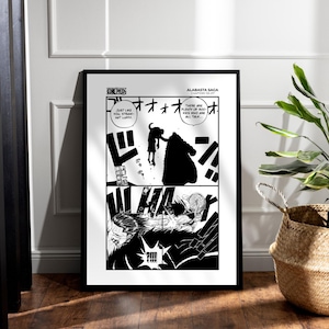 Póster del manga Luffy vs. Crocodile / Arte mural del arco de Arabasta / Impresión vertical de One Piece en blanco y negro