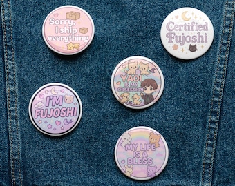 Yaoi Pin Buttons – Cute BL Designs, Fujoshi Life Set of 5