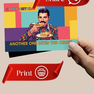 Cartão de aniversário engraçado de Freddie Mercury – “Another One Bites the Crust” – Cartão de trocadilho com torta de arte pop retrô