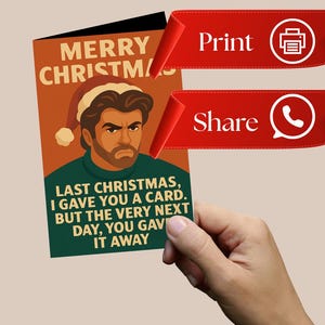 Tarjeta navideña divertida – Parodia de la Navidad pasada – Tarjeta navideña de Papá Noel enfadado – Tarjeta navideña imprimible para amigos