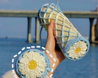 Pdf+video Daisy Flower Crochet Drink Carrier Pattern, Water Bottle