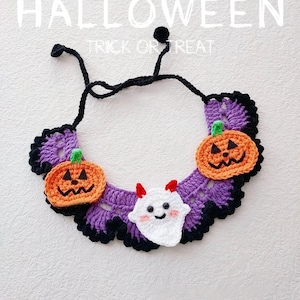 Crochet Halloween Pet Collar Pattern, Halloween Crochet Cat Collar, Halloween Pumpkin Crochet, Crochet Pet Bib, Crochet Spooky Dog Collar