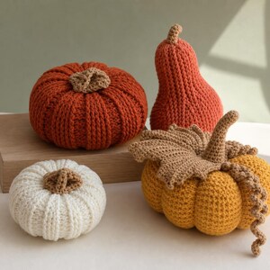 May include: A collection of four crocheted pumpkins in various shapes and sizes. One large round orange pumpkin, one tall orange gourd, one small round white pumpkin, and one round yellow pumpkin with a large brown crocheted leaf and vine.