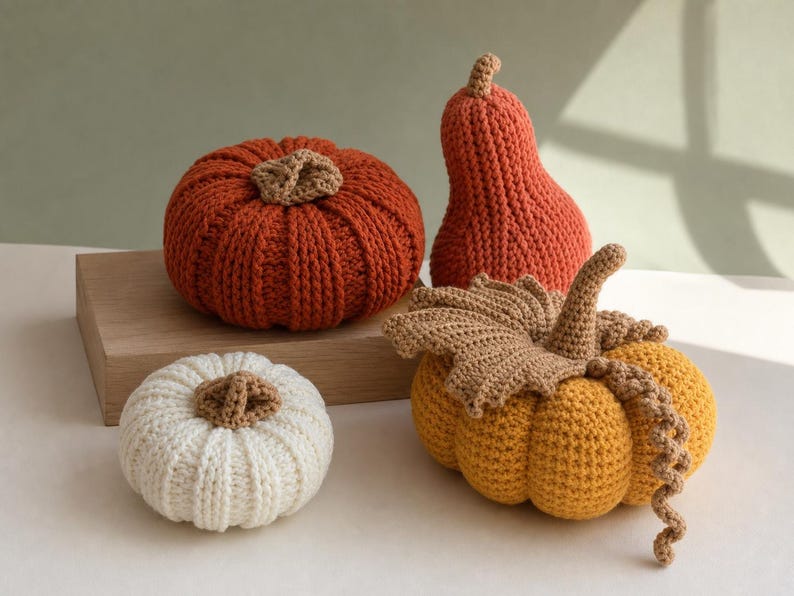 May include: A collection of four crocheted pumpkins in various shapes and sizes. One large round orange pumpkin, one tall orange gourd, one small round white pumpkin, and one round yellow pumpkin with a large brown crocheted leaf and vine.