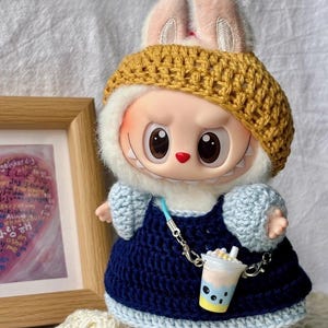 Labubu Crochet City Walk Clothes Pattern | Handmade Labubu School Style Outfit with Beret Hat, Top, Dress, Shoes | Cute Plush Doll Outfit