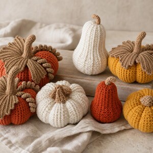 May include: A collection of seven handmade crochet pumpkins and gourds in shades of burnt orange, mustard yellow, and cream. Each piece features a textured ribbed design with a brown crocheted stem and decorative leaves attached to the larger pumpkins.