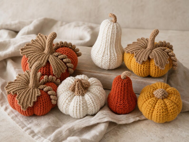 May include: A collection of seven handmade crochet pumpkins and gourds in shades of burnt orange, mustard yellow, and cream. Each piece features a textured ribbed design with a brown crocheted stem and decorative leaves attached to the larger pumpkins.