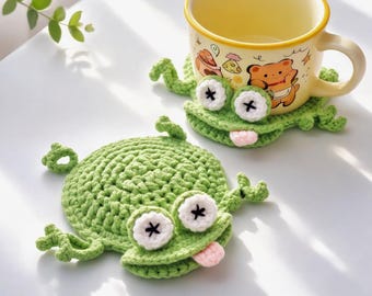 Funny Frog Coaster Crochet Pattern, Crochet Animal Coaster Pattern, Frog Coaster Amigurumi Tutorial, Crochet Cup Holder, Mug Rug, Coasters