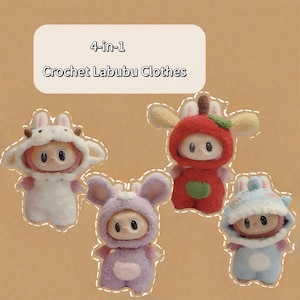 Labubu Crochet Clothes Pattern | 4-in-1 Handmade Labubu Animal Crochet Outfit Bundle | Labubu Puppy Crochet Clothes | DIY Plush Doll Outfit