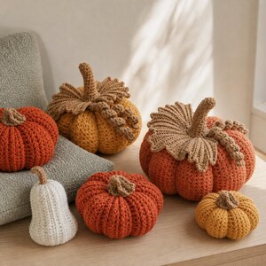 May include: A collection of six crocheted pumpkins in various sizes and colors, including burnt orange, mustard yellow, and white. Each pumpkin features a textured, ribbed surface and a brown crocheted stem, with some displaying decorative leaves.