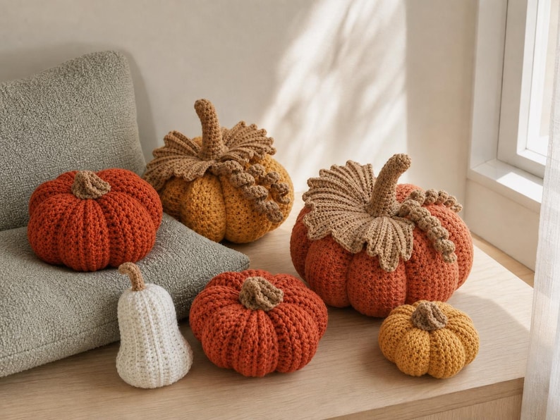 May include: A collection of six crocheted pumpkins in various sizes and colors, including burnt orange, mustard yellow, and white. Each pumpkin features a textured, ribbed surface and a brown crocheted stem, with some displaying decorative leaves.