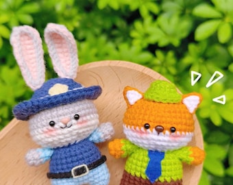 Judy and Nick Crochet Pattern, Zootopia Crochet Pattern, Amigurumi Bunny & Fox Pattern, Cute Animal Crochet Keychain, Plush Doll Crochet