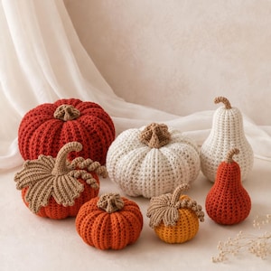 May include: A collection of six crocheted pumpkins and gourds in various sizes and shapes. The set includes a large dark red pumpkin, a medium cream pumpkin, a small orange pumpkin, a small yellow pumpkin, and two pear-shaped gourds in cream and red.