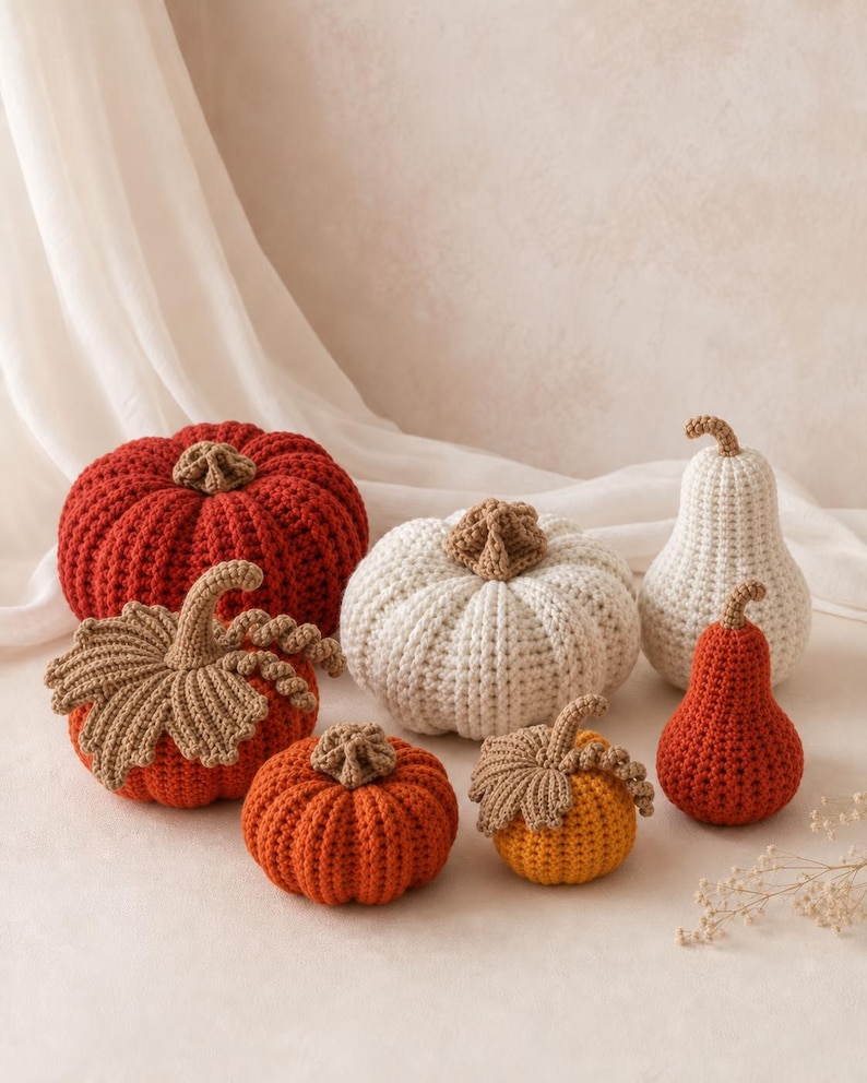 May include: A collection of six crocheted pumpkins and gourds in various sizes and shapes. The set includes a large dark red pumpkin, a medium cream pumpkin, a small orange pumpkin, a small yellow pumpkin, and two pear-shaped gourds in cream and red.