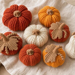 May include: A collection of eight crocheted pumpkins in various sizes and colors, including burnt orange, mustard yellow, and cream. Each pumpkin features a textured ribbed surface and a small, light brown crocheted stem, with some featuring attached leaves.