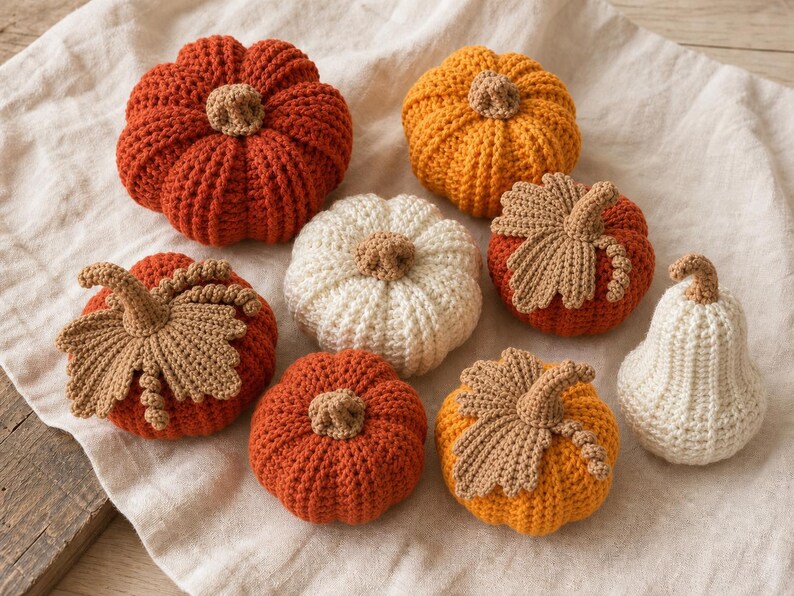 May include: A collection of eight crocheted pumpkins in various sizes and colors, including burnt orange, mustard yellow, and cream. Each pumpkin features a textured ribbed surface and a small, light brown crocheted stem, with some featuring attached leaves.